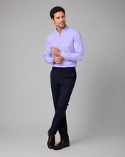 Load image into Gallery viewer, Man wearing a light purple long-sleeve shirt and dark blue pants on a gray background