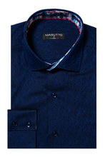 Load image into Gallery viewer, Blue patterned shirt with a brand label on a white background