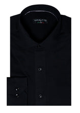Load image into Gallery viewer, Black dress shirt with collar and button details on a white background