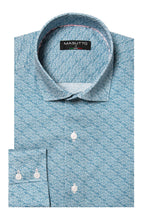 Load image into Gallery viewer, Blue patterned shirt with a visible Masutto label on a white background