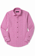 Load image into Gallery viewer, A pink long-sleeve button-down shirt with a subtle textured pattern, laid flat against a white background.