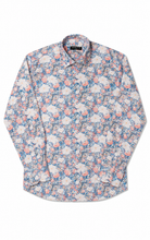 Load image into Gallery viewer, A long-sleeve button-down shirt with a dense floral and cloud-like print in blue, pink, and off-white, laid flat against a white background.