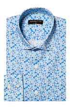 Load image into Gallery viewer, Folded blue floral patterned shirt with 'MASUTTO' label on a white background