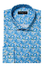 Load image into Gallery viewer, Blue floral patterned shirt with 'MASUTTO' label on a white background