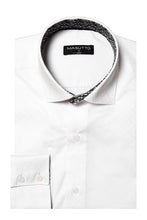 Load image into Gallery viewer, White dress shirt with a patterned collarband on a white background